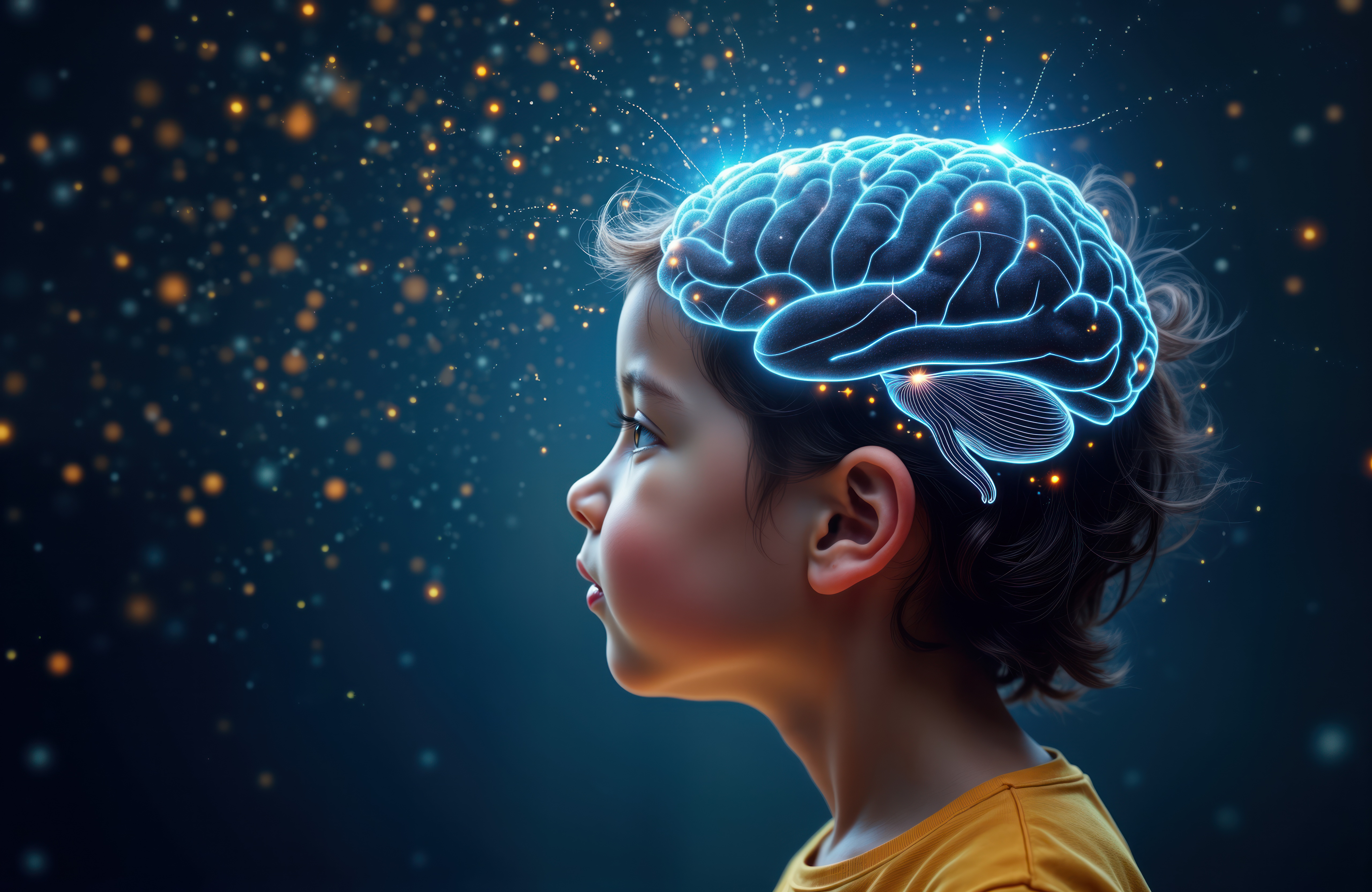 Ilustração de cérebro infantil com conexões neurais em azul